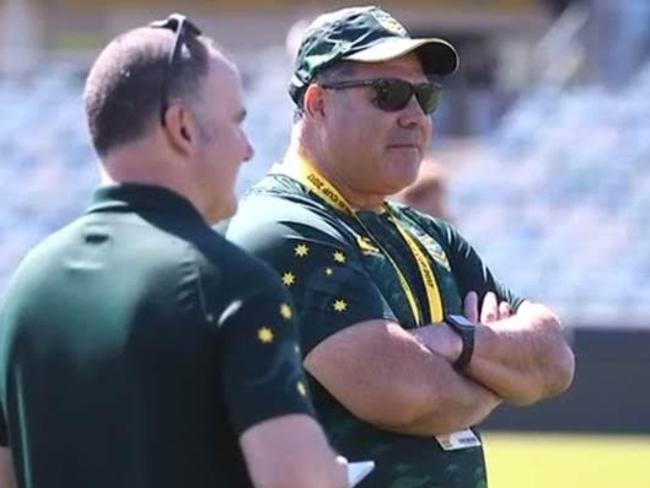 Kangaroos coach Mal Meninga with media manager Glenn Jackson. Supplied