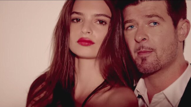 Emily Ratajkowski claims Robin Thicke groped her while they were filming the ‘Blurred Lines’ video. Picture: YouTube