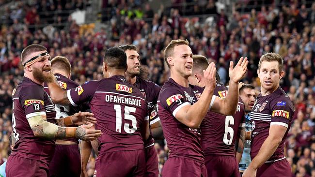 Captain Daly Cherry-Evans celebrates a Queensland try during State of Origin I last year at Suncorp Stadium. Picture: Getty Images