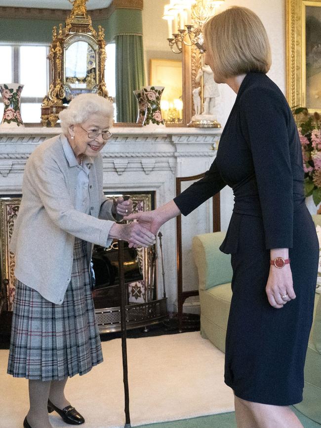 Queen Elizabeth greets newly elected leader of the Conservative party Liz Truss just days before her death. Picture: Jane Barlow/WPA Pool/Getty Images