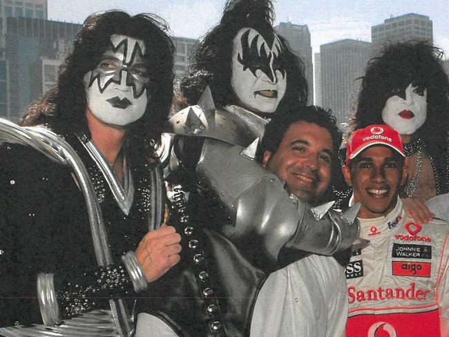 Guerra with Kiss and F1 star Lewis Hamilton at the Melbourne Grand Prix