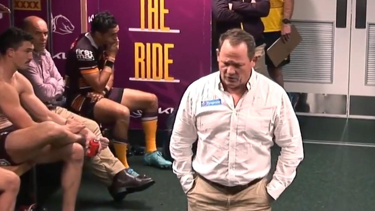 A furious Broncos coach Kevin Walters giving his team a dressing room spray following their insipid loss to the Eels on Friday night. Credit: Screenshot.