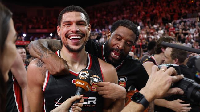 WOLLONGONG, AUSTRALIA - MARCH 23: Trey Kell III of the Hawks gives an interview after game five of the NBL Grand Final Series between Illawarra Hawks and Melbourne United at WIN Entertainment Centre, on March 23, 2025, in Wollongong, Australia. (Photo by Darrian Traynor/Getty Images)