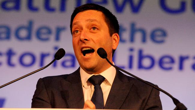 State Opposition leader Matthew Guy addresses the party faithful. Picture: Andrew Henshaw