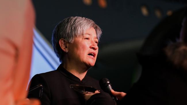 Senator Penny Wong at Stansted airport taking questions on the Vanuatu earthquake. Picture: Jacquelin Magnay