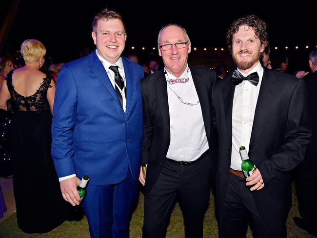 Chris Murphy, Don Horsley, and Luke Dickerson at the 2017 Qantas Darwin Turf Club Gala Ball at SkyCity Casino. Picture: MICHAEL FRANCHI