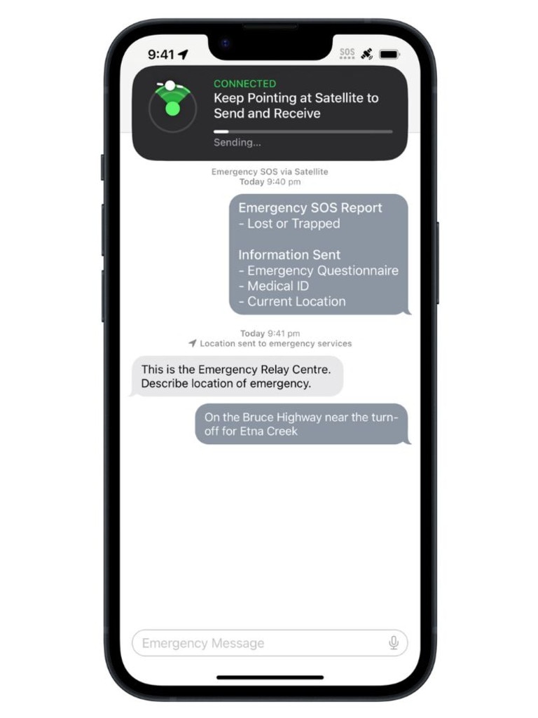 Messages via satellite can be sent in as little as 15 seconds in clear conditions. Picture: Supplied/Apple