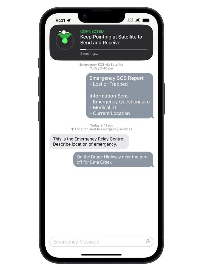 Messages via satellite can be sent in as little as 15 seconds in clear conditions. Picture: Supplied/Apple