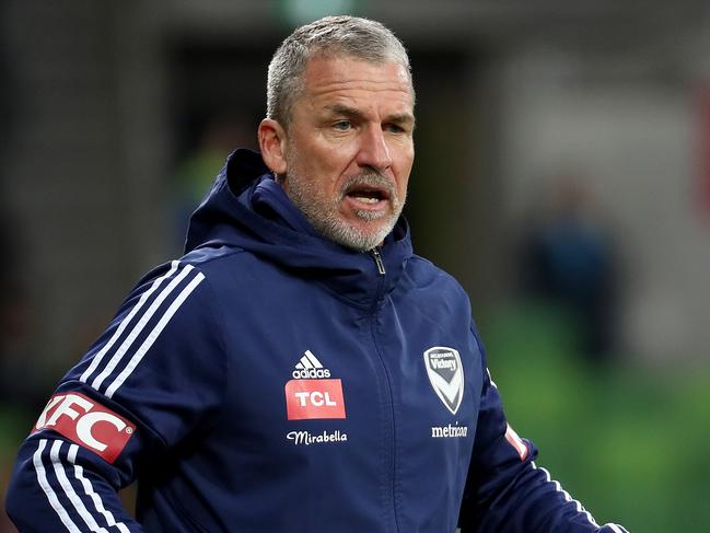 MELBOURNE, AUSTRALIA - JANUARY 05: Melbourne Victory Coach Marco Kurz looks on during the round 13 A-League match between the Melbourne Victory and the Newcastle Jets at AAMI Park on January 05, 2020 in Melbourne, Australia. (Photo by Jonathan DiMaggio/Getty Images)