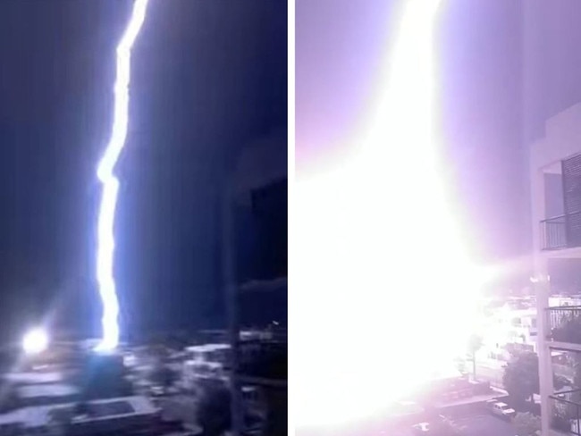 Dramatic video has captured the moment a bolt of lightning hit Brisbane.