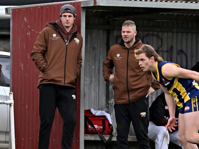 Craigieburn assistant Jake Carlisle and coach Justin Sherman during the EDFL football match between Rupertswood and Craigieburn in Sunbury, Saturday, July 23, 2022. Picture: Andy Brownbill