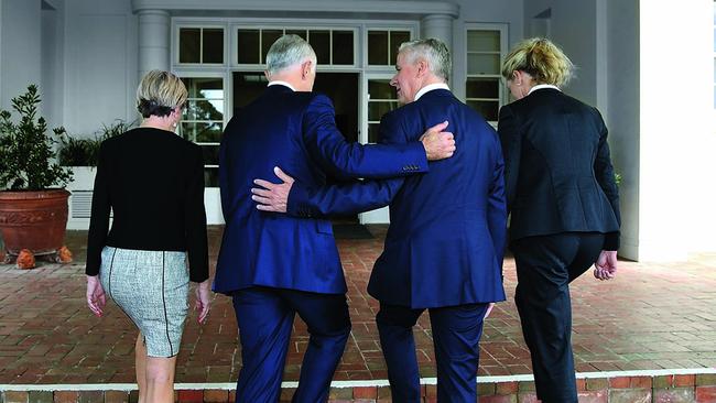 Stepping up: McCormack with, from left, Julie Bishop, Malcolm Turnbull and Bridget McKenzie after being sworn in as deputy PM in February. Picture: Kym Smith