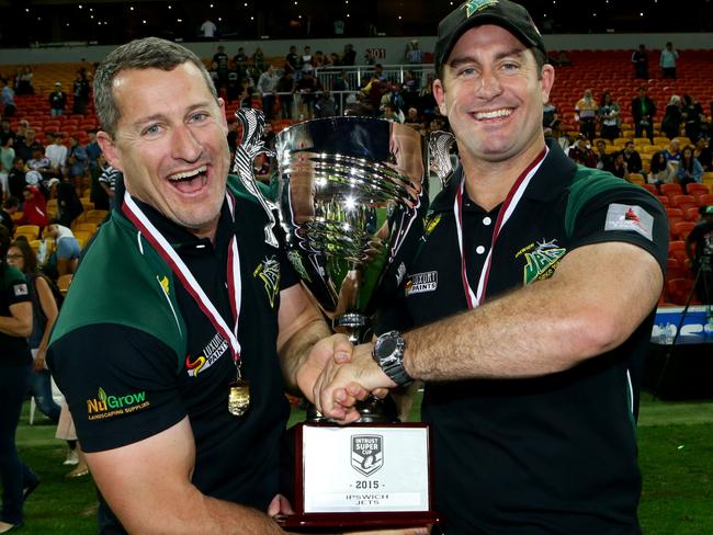 Ben and Shane Walker celebrate winning the Ipswich Jets’ first premiership in 2015. Picture: Darren England