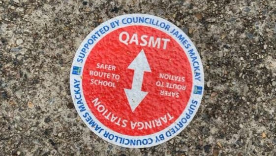 A sticker bearing Councillor James Mackay's name and the Brisbane City Council logo. Picture: Jared Cassidy.