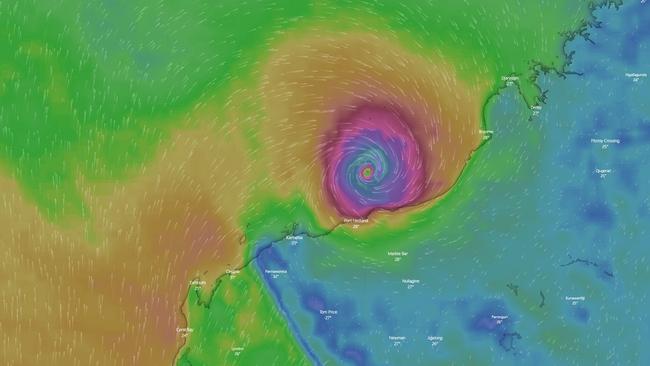 The storm will likely remain at cyclone strength for hundreds of kilometres inland. Picture: Windy.