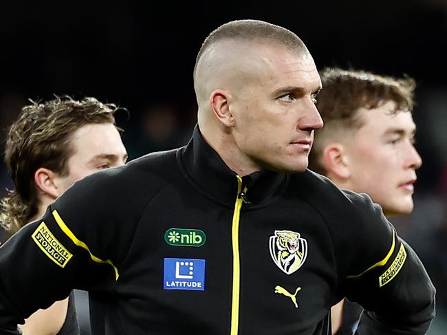 MELBOURNE, AUSTRALIA - JUNE 30: Dustin Martin of the Tigers looks on during the 2024 AFL Round 16 match between the Richmond Tigers and the Carlton Blues at The Melbourne Cricket Ground on June 30, 2024 in Melbourne, Australia. (Photo by Michael Willson/AFL Photos via Getty Images)