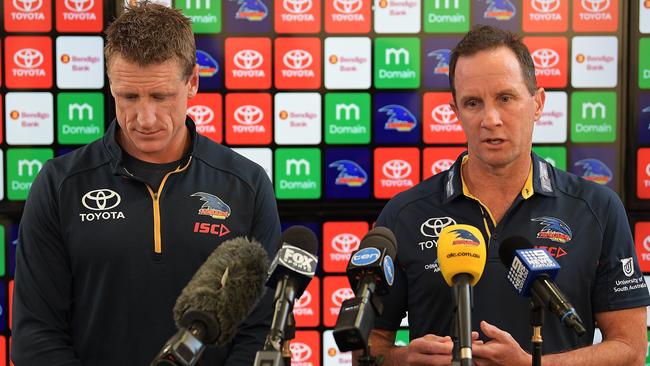 Adelaide Crows football manager Brett Burton and Adelaide Crows senior coach Don Pyke speak to the media during last Saturday’s press conference at AAMI Stadium. Picture: Daniel Kalisz/Getty Images