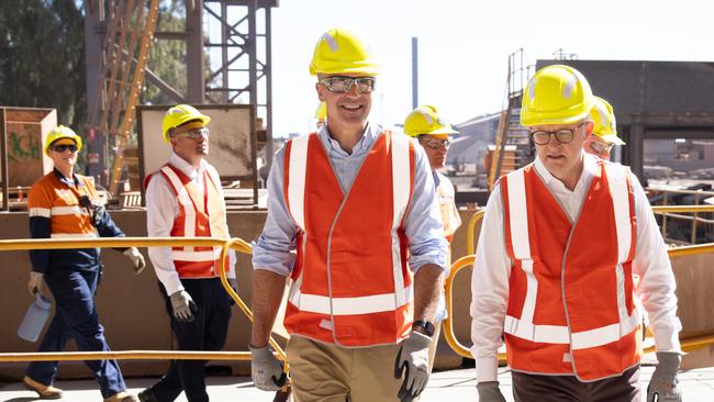 Peter Malinauskas and Anthony Albanese on the ground at Whyalla Steelworks. Picture: NewsWire / Tim Joy