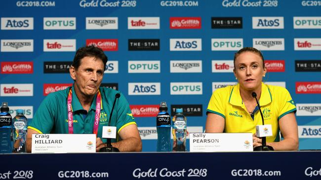 Sally Pearson and Australia team head coach Craig Hilliard on day one of the Gold Coast 2018 Commonwealth Games. (Photo by Vince Caligiuri/Getty Images)