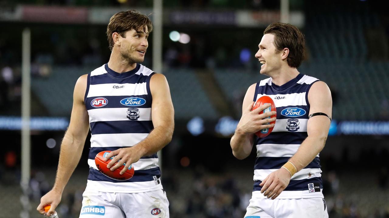 Should you pick Tom Hawkins (left) or Patrick Dangerfield of the Cats as a loophole option this Friday evening?