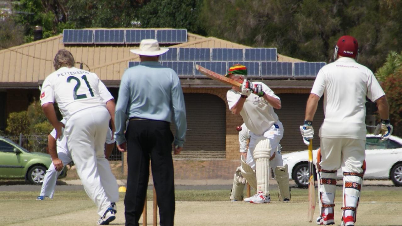 Brisbane skipper John Stackpoole cops a ball in the ribs during the latest over-60’s match against Lockyer/Ipswich.