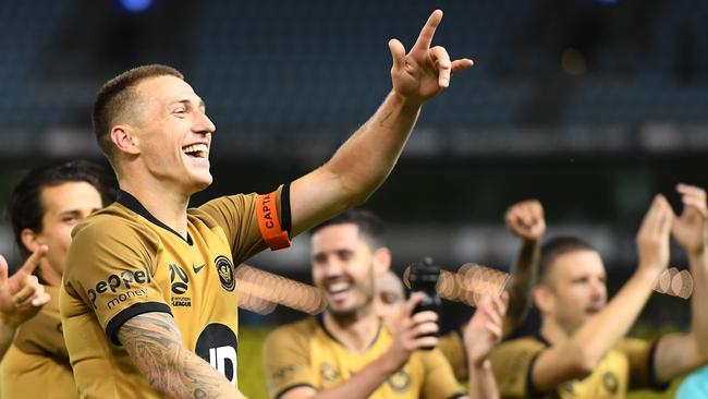 Mitchell Duke and the Wanderers celebrate their win over Melbourne Victory on Friday. Picture: Getty Images