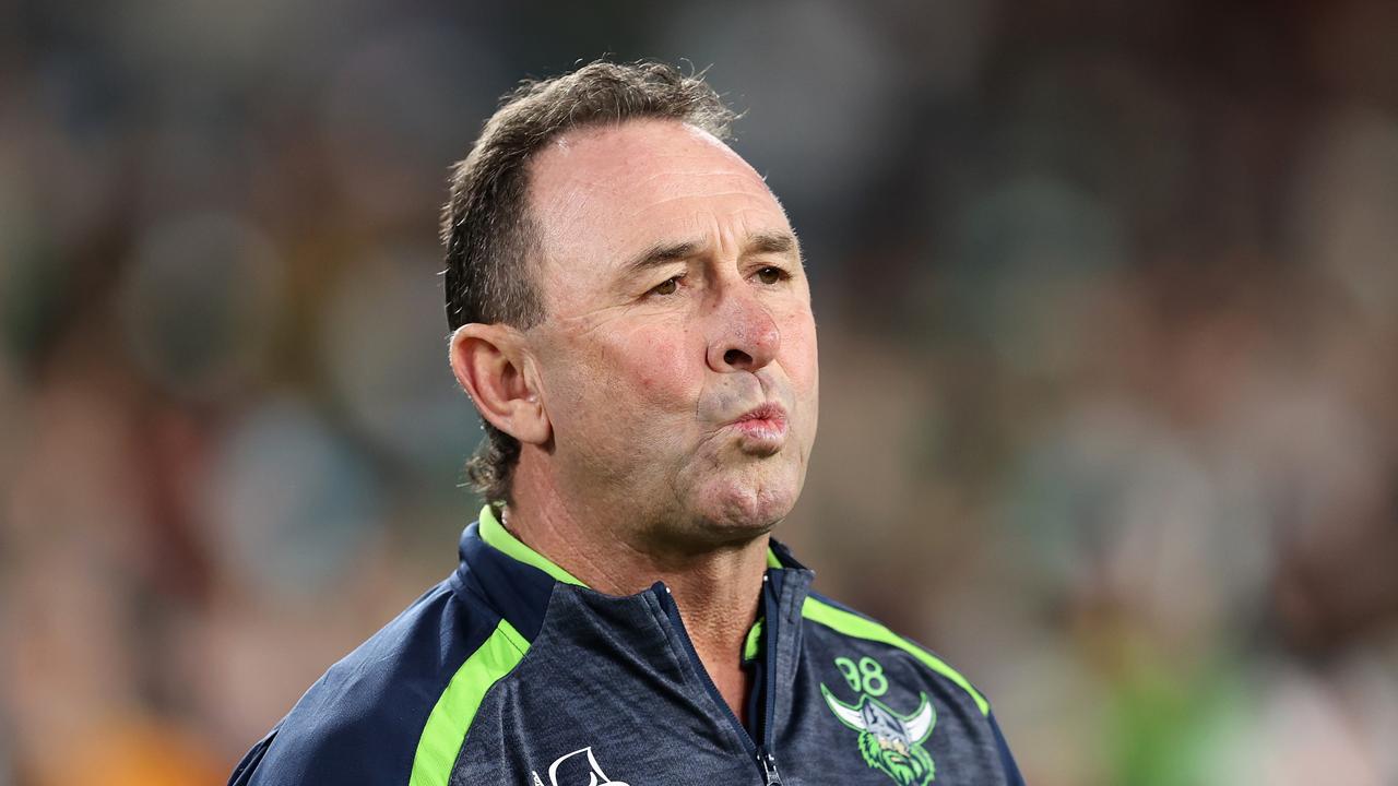 SYDNEY, AUSTRALIA - MAY 27: Raiders coach Ricky Stuart watches from the sideline during the round 13 NRL match between South Sydney Rabbitohs and Canberra Raiders at Accor Stadium on May 27, 2023 in Sydney, Australia. (Photo by Brendon Thorne/Getty Images)