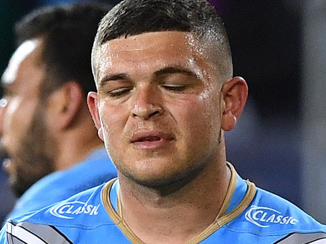 Ashley Taylor of the Titans reacts following the Round 17 NRL match between the Gold Coast Titans and the Brisbane Broncos at Cbus Super Stadium in Robina on the Gold Coast. Sunday, July 8, 2018. (AAP Image/Dave Hunt) NO ARCHIVING, EDITORIAL USE ONLY