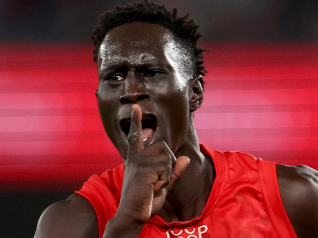 MELBOURNE, AUSTRALIA – AUGUST 10: Mac Andrew of the Suns celebrates a goal after the siren to win the game for the Suns during the round 22 AFL match between Essendon Bombers and Gold Coast Suns at Marvel Stadium, on August 10, 2024, in Melbourne, Australia. (Photo by Jonathan DiMaggio/Getty Images)