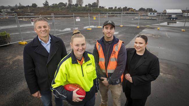 Master Builders Tasmania CEO David Clerk, Devils footballer and 2nd year plumbing apprentice Halle Whitehead, 3rd year carpentry apprentice Ben Shea and Property Council Tasmanian Executive Director Rebecca Ellston at Macquarie Point. Picture: Chris Kidd