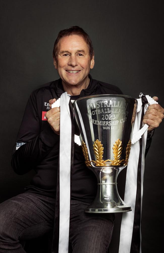 Collingwood president Jeff Browne with the 2023 premiership cup.