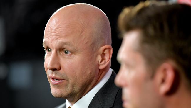 ADELAIDE, AUSTRALIA - OCTOBER 15: New Adelaide Crows coach Matthew Nicks speaks to the media during an Adelaide Crows AFL press conference at Wests Lakes on October 15, 2019 in Adelaide, Australia. The Crows today announced Matthew Nicks as their head coach for the next three years. (Photo by Mark Brake/Getty Images)