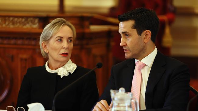 AUGUST 4, 2023: Member for Mudgeeraba Ros Bates and Queensland opposition leader David Crisafulli during the State Parliament Estimates in Brisbane. Picture: NCA NewsWire/Tertius Pickard