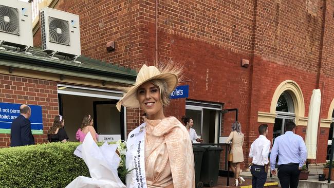 Christina Croxford, of Sunbury, the winner of the Bendigo Cup fashions on the field Most Elegant Lady of the day category.