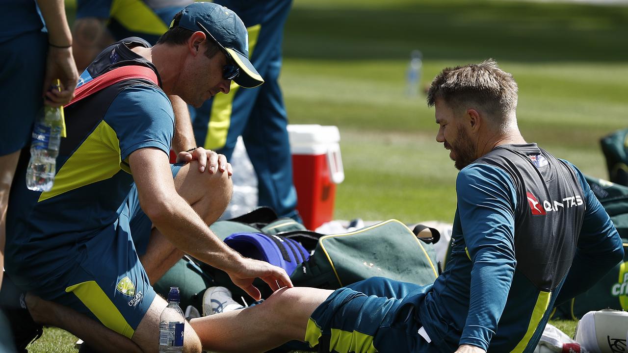 David Warner’s training session was ended early by a blow to the leg.
