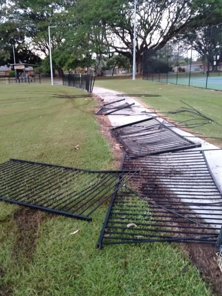 Stolen cars knocked down fencing and ripped up Heatley Park's fields in September 2020. Picture: Supplied.