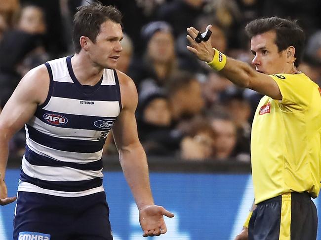 MELBOURNE, AUSTRALIA - SEPTEMBER 06: Patrick Dangerfield of the Cats argues with the umpire during the 2019 AFL First Qualifying Final match between the Geelong Cats and the Collingwood Magpies at the Melbourne Cricket Ground on September 06, 2019 in Melbourne, Australia. (Photo by Dylan Burns/AFL Photos via Getty Images)