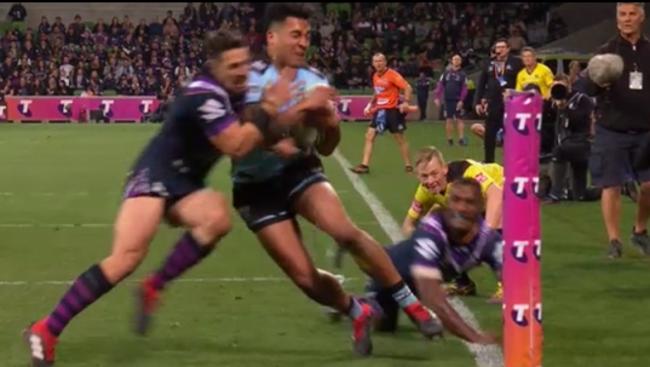 Billy Slater’s tackle on Sosaia Feki. Picture: Fox Sports