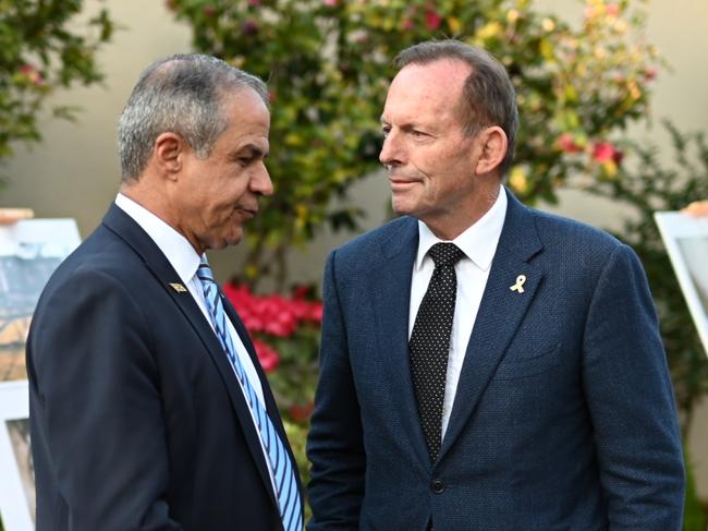 Former Prime Minister Tony Abbott and Israel's Ambassador to Australia Amir Maimon during the October 7 vigil at the Israeli Embassy in Canberra. Picture: NewsWire / Martin Ollman