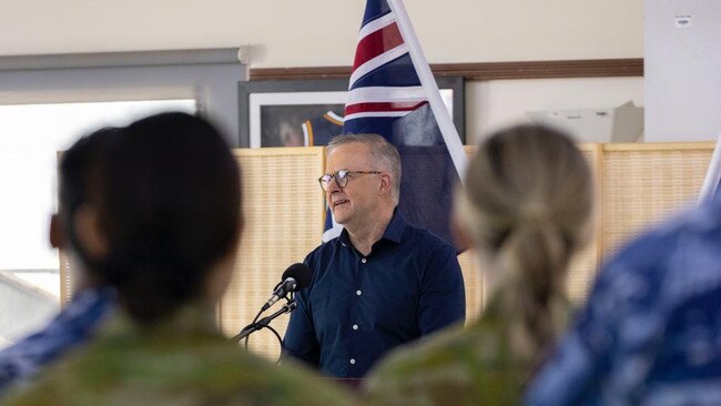 Prime Minister Anthony Albanese met with ADF personnel and diplomats at Camp Baird at the Al Minhad Air Base in the United Arab Emirates