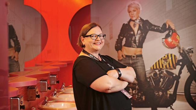 Trish McNamara, general manager of Brisbane Entertainment Centre, in the famous ‘Pink’ toilets. Picture: Lyndon Mechielsen