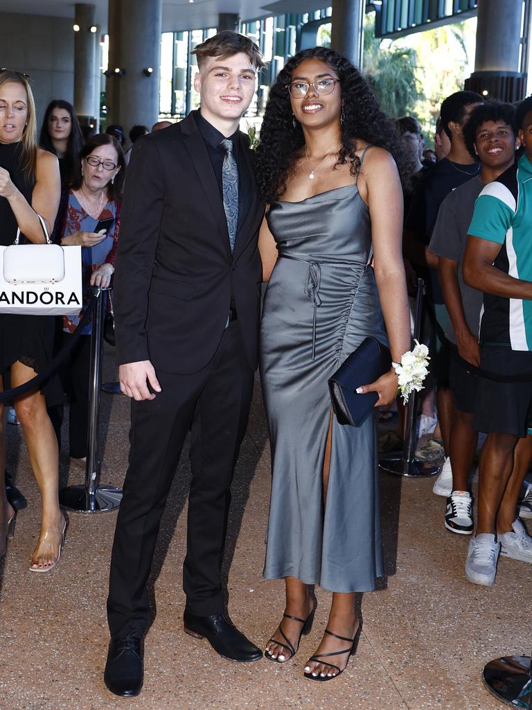 Scott Naess and Taeyah Harding arrive at the Peace Lutheran College formal evening at the Cairns Convention Centre. Picture: Brendan Radke