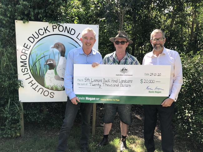 FUNDING: From left Kevin Hogan, Darren Coyne and Mark Bailey after $20,000 was allocated to regenerate the South Lismore duck pond. Photo: Contributed