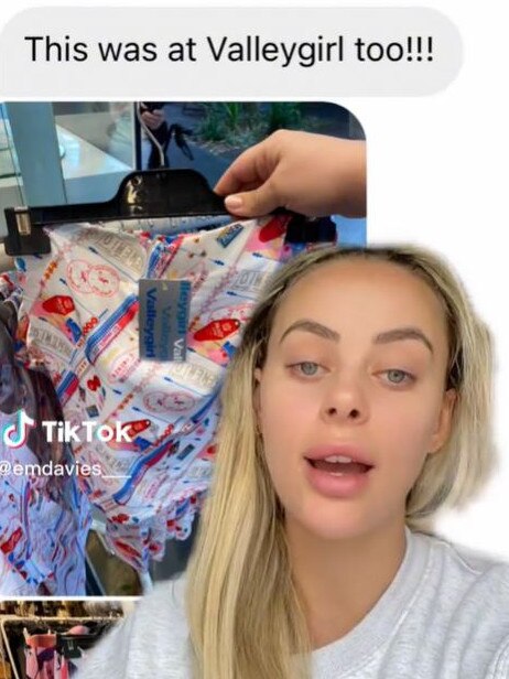 Emily Davies claims Valleygirl has included her brand name in an identical print on their latest dress release. Picture: @emdavies___ / TikTok