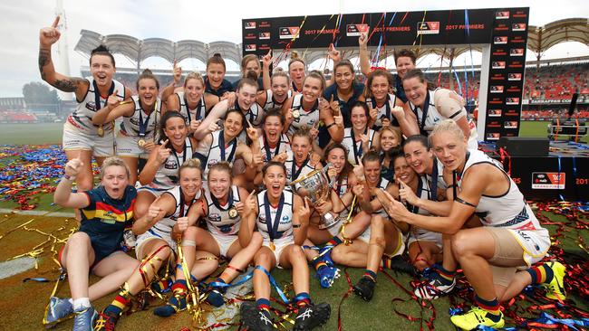 The Crows celebrate after winning the inaugural AFLW Premiership. Picture: Michael Willson/Getty Images