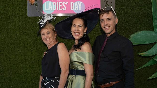 Sandy Enniss, Juanita Porter and Daniel Mcbride at the 2023 Darwin Cup Carnival Ladies Day. Picture: Pema Tamang Pakhrin