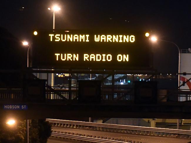 A motorway sign warning of a Tsunami in Wellington after the 7.5 earthquake. Picture: AP