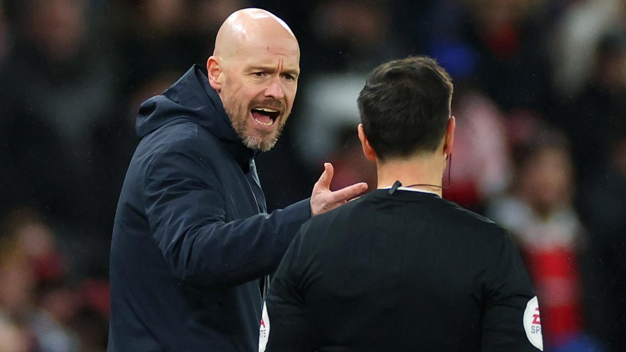 MANCHESTER, ENGLAND – MARCH 01: Erik ten Hag, Manager of Manchester United, reacts with an assistant official during the Emirates FA Cup Fifth Round match between Manchester United and West Ham United at Old Trafford on March 01, 2023 in Manchester, England. (Photo by Marc Atkins/Getty Images)