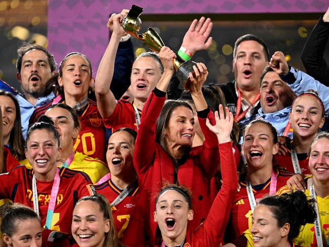 Queen Letizia celebrates with the victorious Spanish team. Picture: AFP