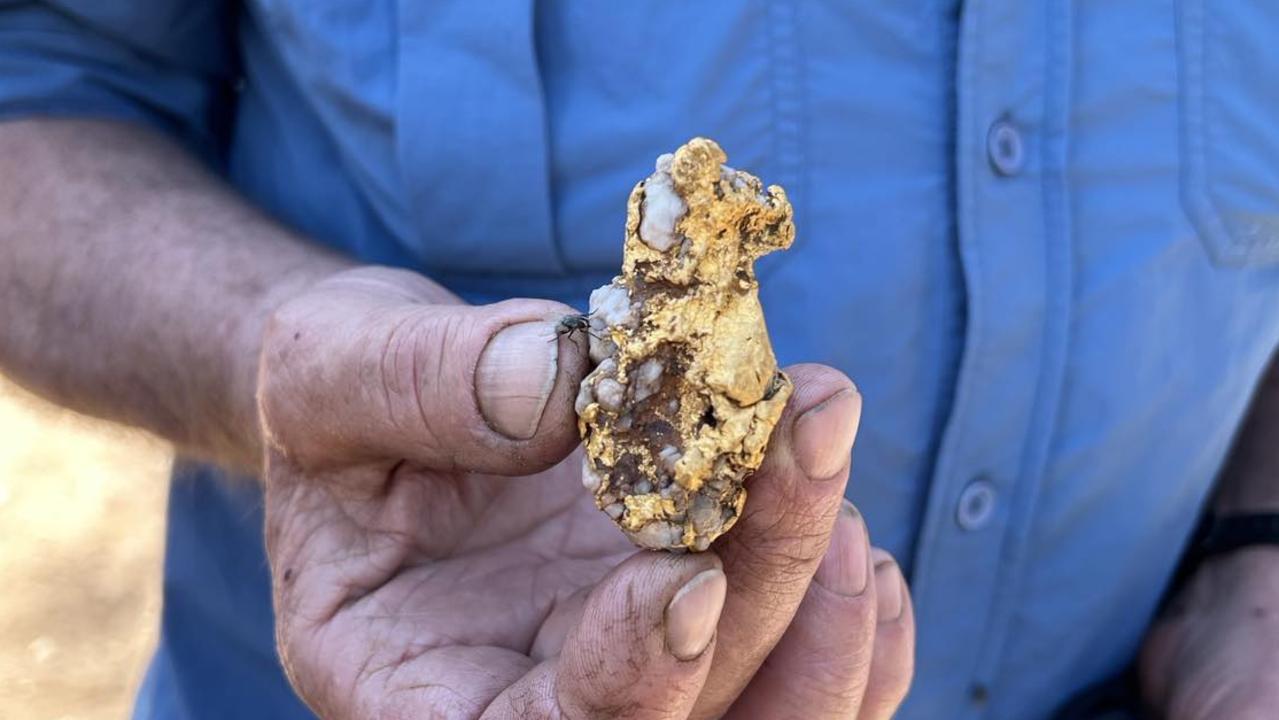 Mr Cornish shows off a piece of gold and quartz he has uncovered.
